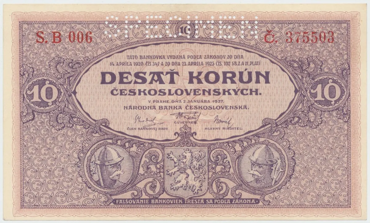 Československo, 10 Koruna 1927, serie B, tisk TB NBČS, perf. 1x SPECIMEN, Hej.22bB.S1