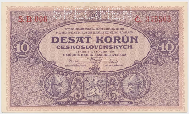 Československo, 10 Koruna 1927, serie B, tisk TB NBČS, perf. 1x SPECIMEN, Hej.22bB.S1
