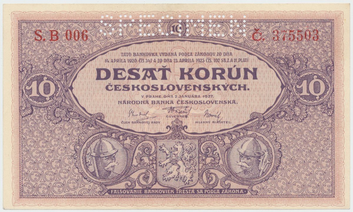 Československo, 10 Koruna 1927, serie B, tisk TB NBČS, perf. 1x SPECIMEN, Hej.22bB.S1