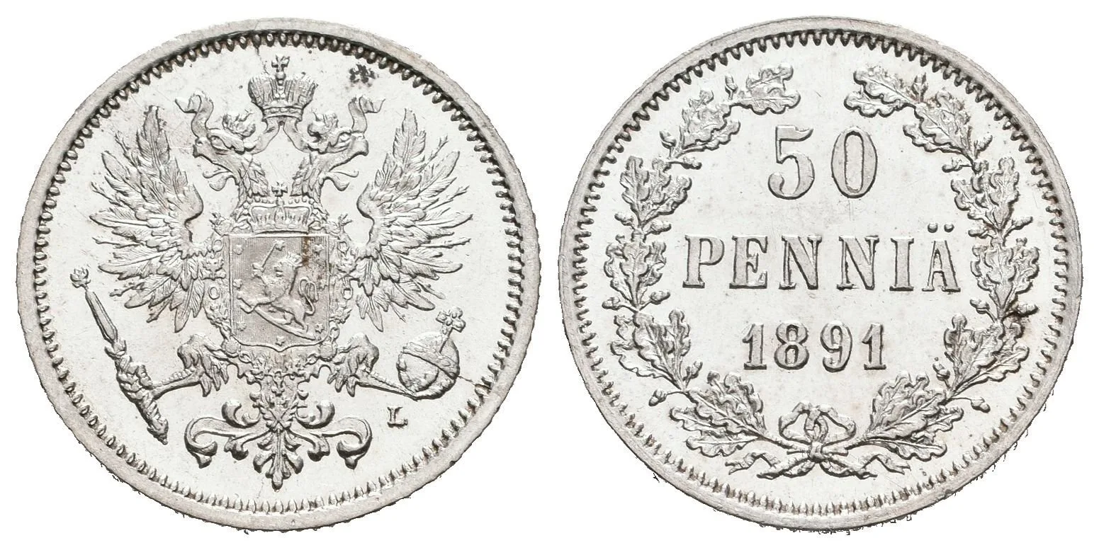 50 Penniä 1891 L, Helsinky, Bitkin2.235, Uzd.4739, luxusní zachovalost, — 1