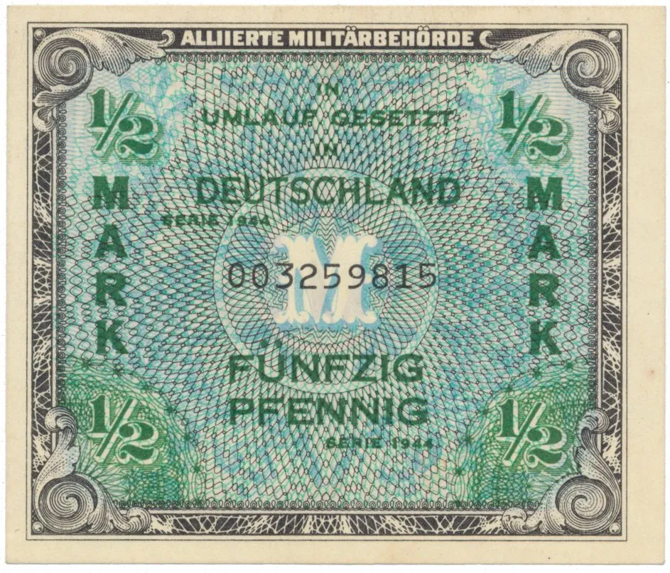 Okupační poukázky Allierte, 1/2 Mark 1944, tisk USA, 9-místný číslovač, Hej.AM1a