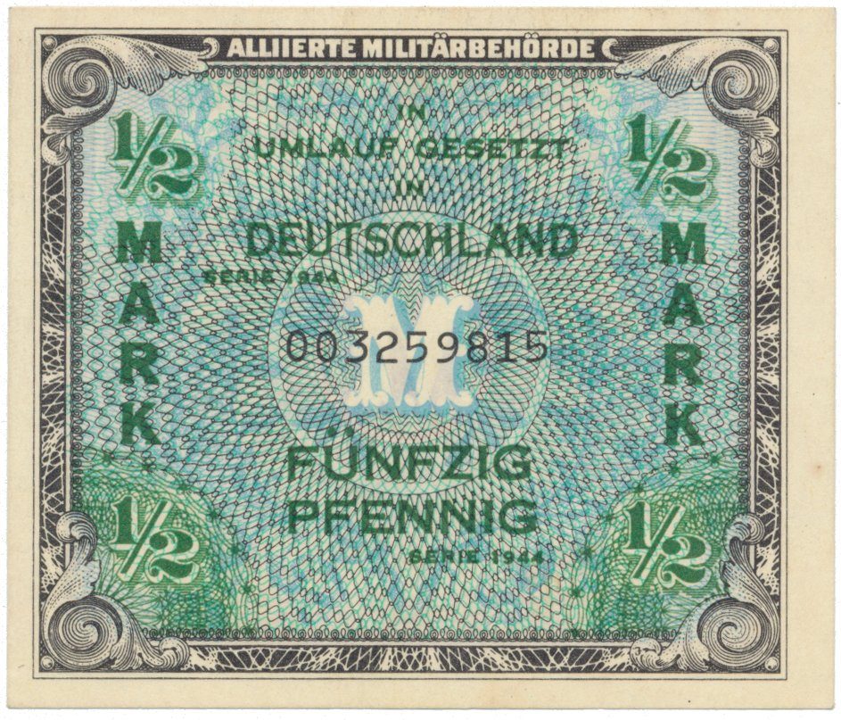 Okupační poukázky Allierte, 1/2 Mark 1944, tisk USA, 9-místný číslovač, Hej.AM1a