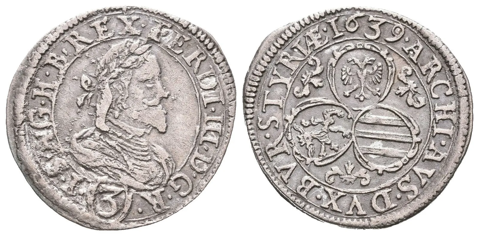 3 Krejcar 1639, Graz, KM.424, vada na Av., pěkný Rv. — 1