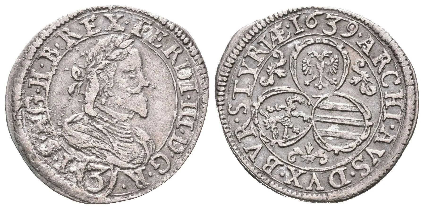 3 Krejcar 1639, Graz, KM.424, vada na Av., pěkný Rv. — 1