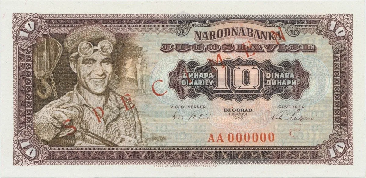 Jugoslávie, 10 Dinara 1965, anulát - SPECIMEN, P.78s