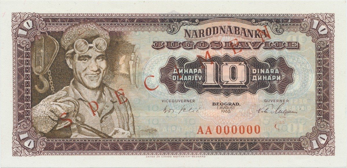 Jugoslávie, 10 Dinara 1965, anulát - SPECIMEN, P.78s