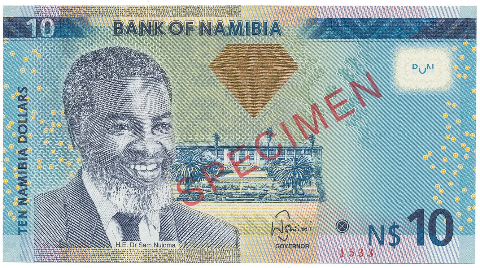 Namíbie, 10 Namibia Dollars 2012, bankovní vzor, S 00000000, přetisk SPECIMEN, P.11as