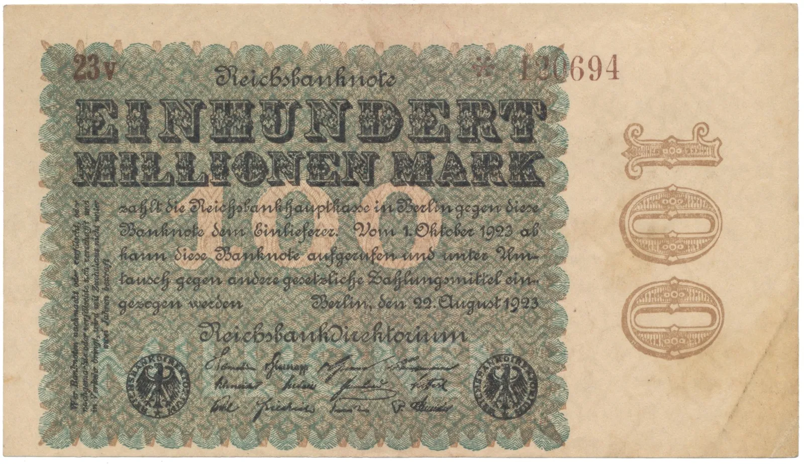 Německo, 100 Millionen Mark 1923, Kreuzblütten, Ro.106J