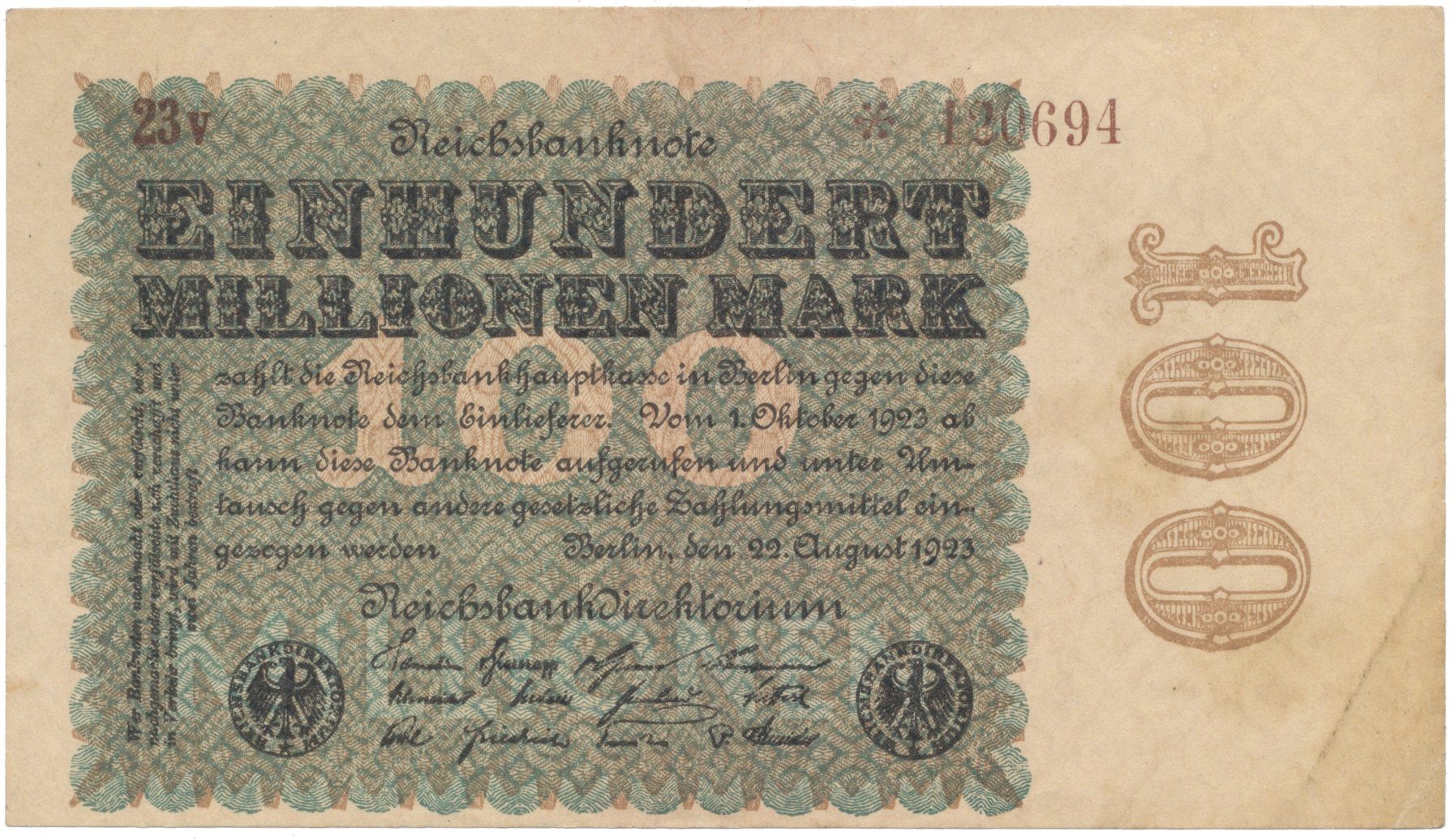 Německo, 100 Millionen Mark 1923, Kreuzblütten, Ro.106J