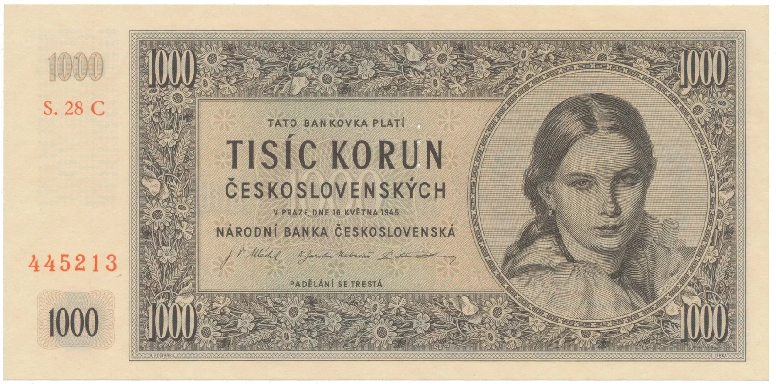 1000 Koruna 1945, II. vydání, série C, perf. 3 m.d., Hej.79a.S1