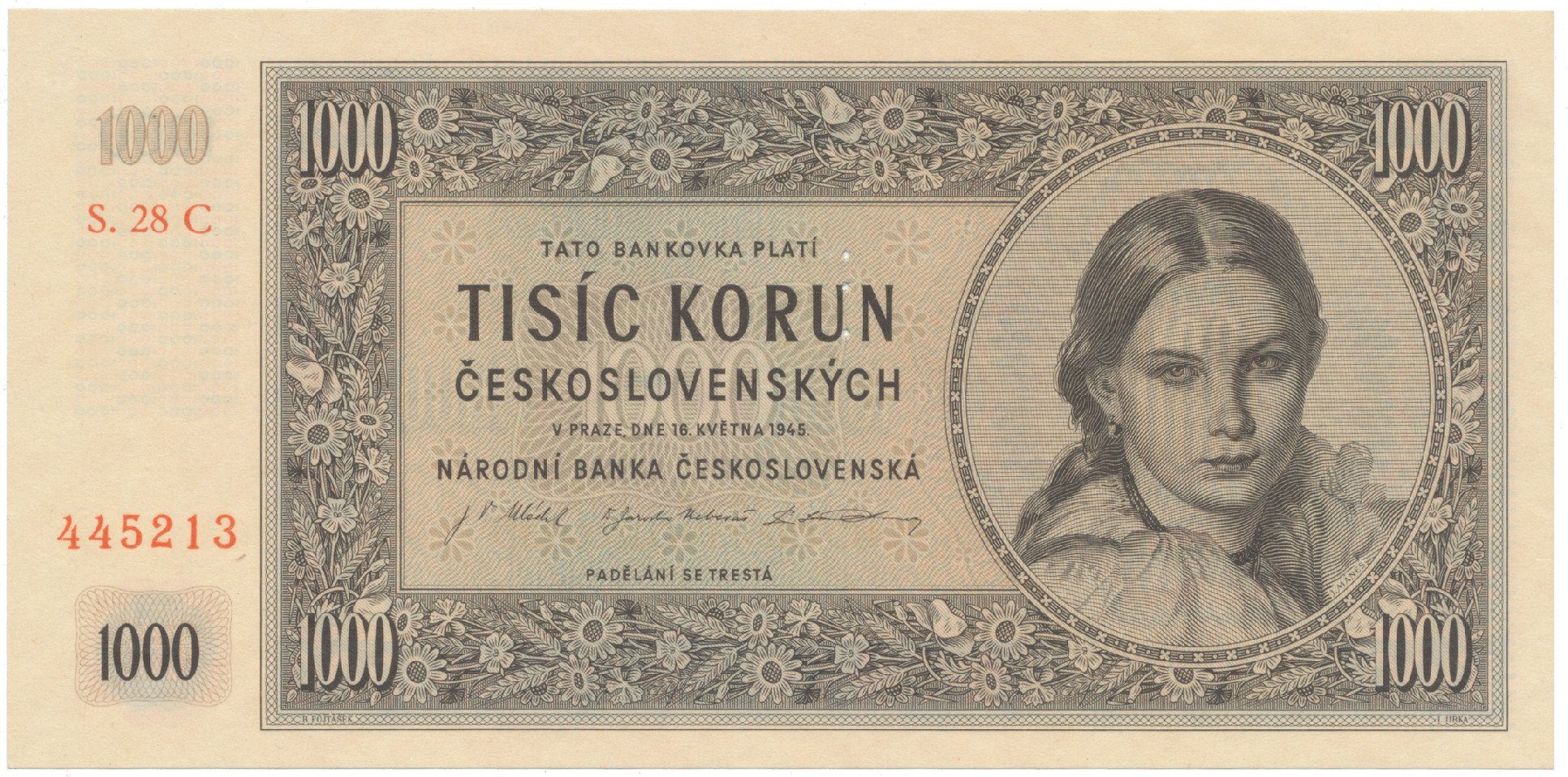 1000 Koruna 1945, II. vydání, série C, perf. 3 m.d., Hej.79a.S1