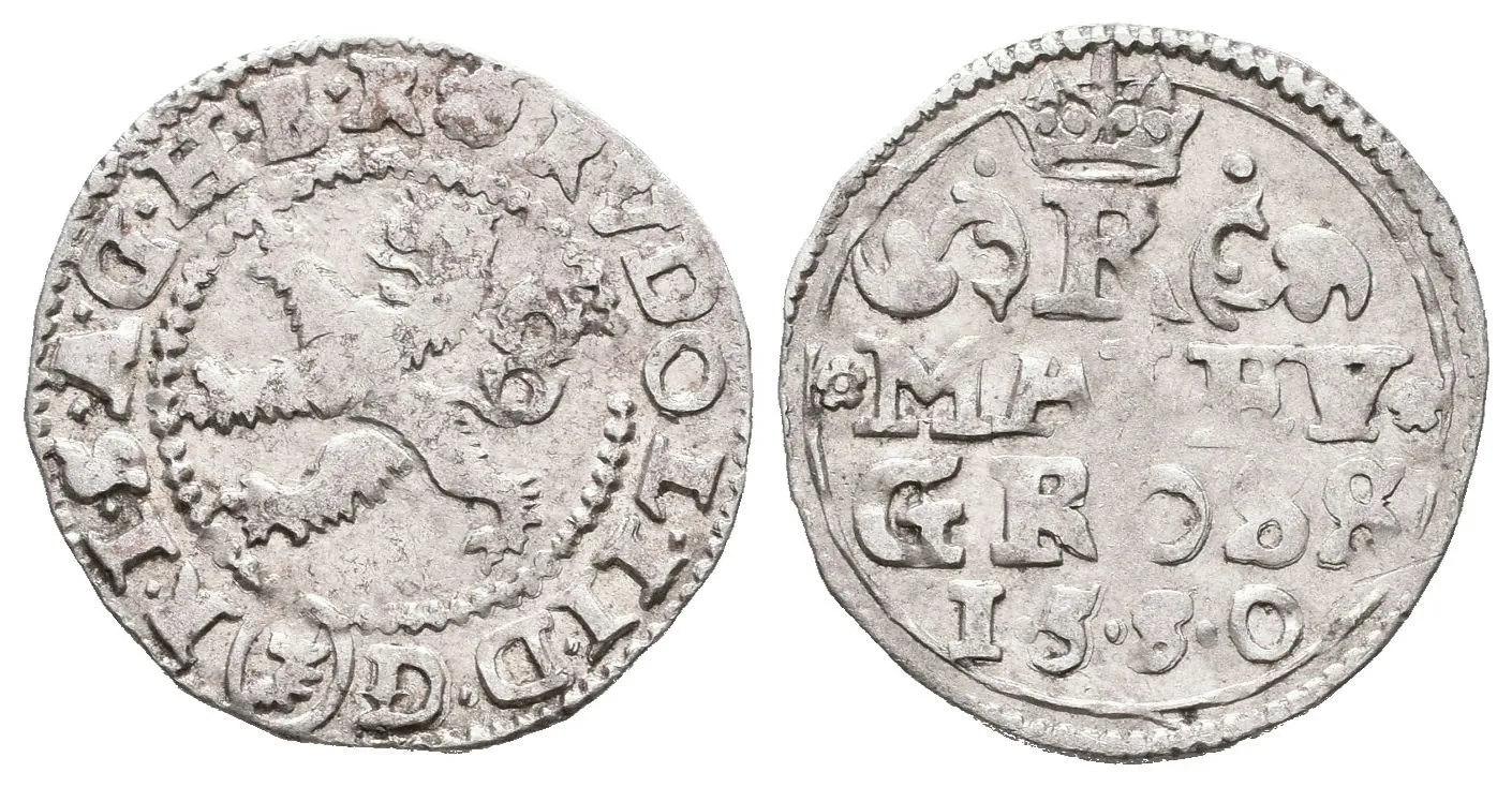 Malý groš 1580, Kutná Hora-Šatný, HN.2b (opis 7a), velmi pěkná zachovalost, patina — 1