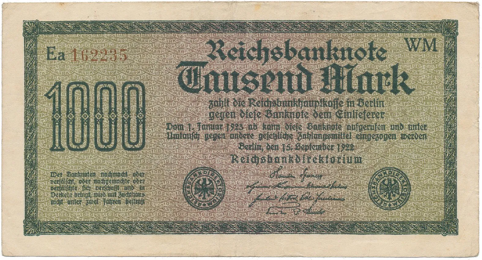 Německo, 1000 Mark 1922, vod. Mäander, hnědé 6-místné číslo, Ro.75i