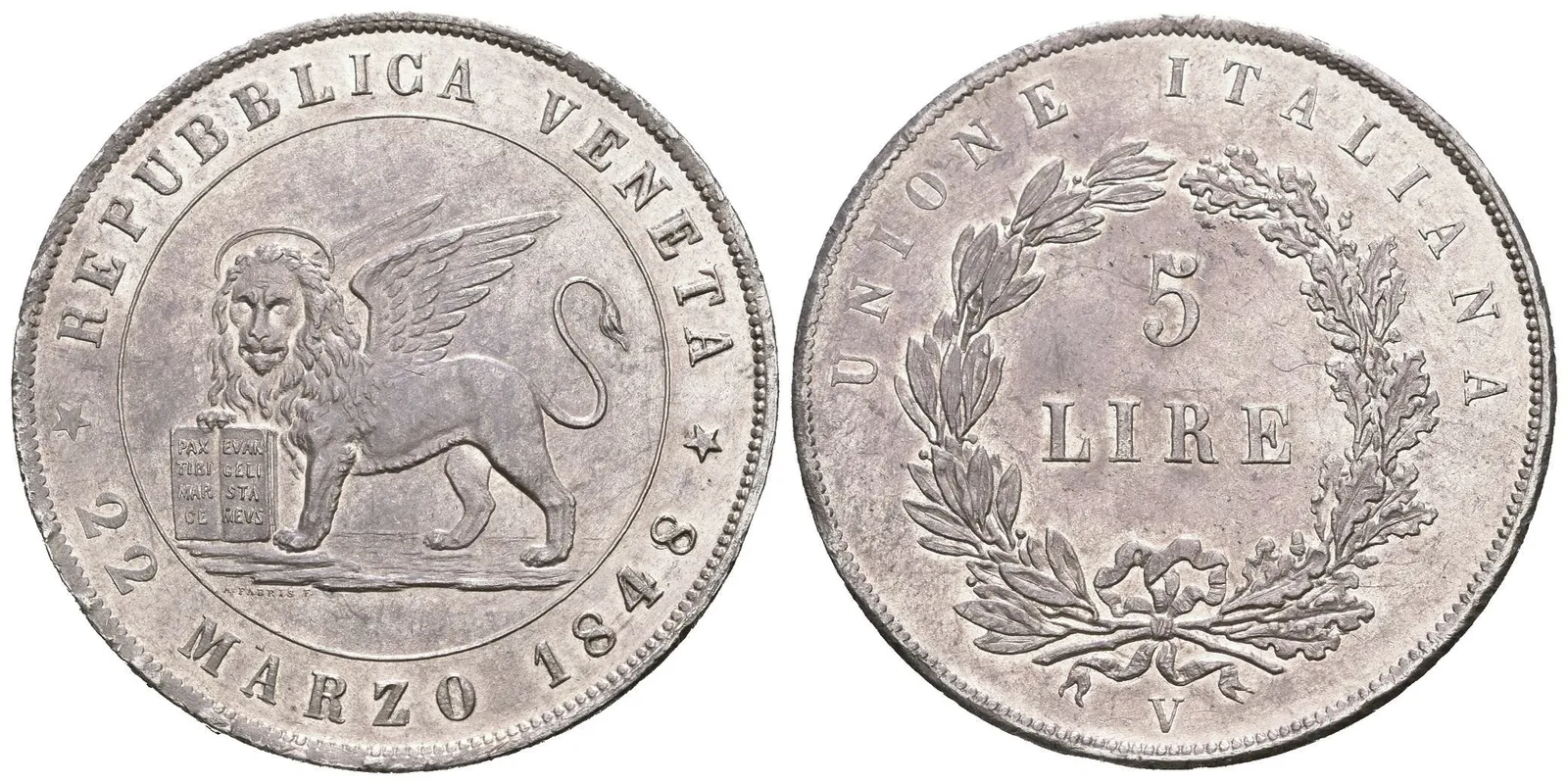 5 Lira 1848 V, Benátky, Veselý.15, KM.186, krásná zachovalost, — 1