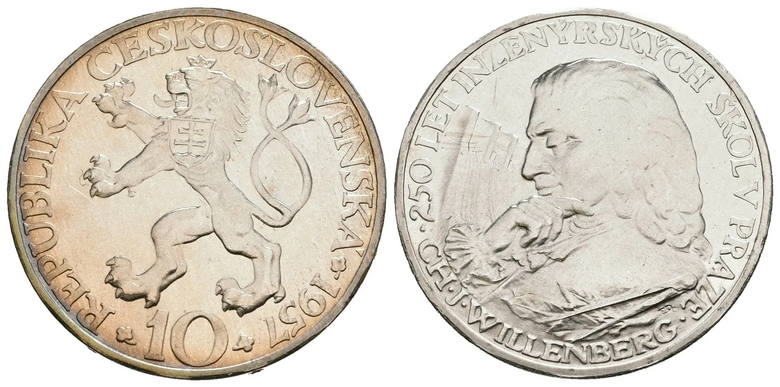 10 Kčs 1957 - Inženýrské školy v Praze, PROOF