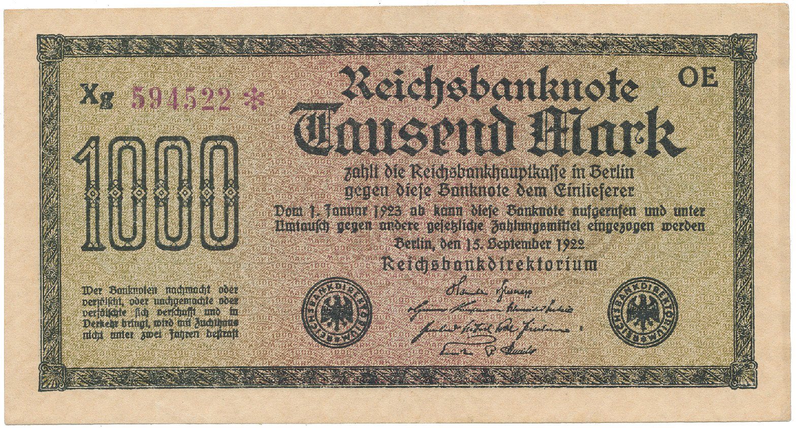 Německo, 1000 Mark 1922, vod. Kreuzblütten, fialové číslo, Ro.75k