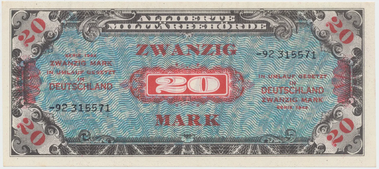 Okupační poukázky Allierte, 20 Mark 1944, tisk SSSR, 8-místný číslovač, Hej.AM5d