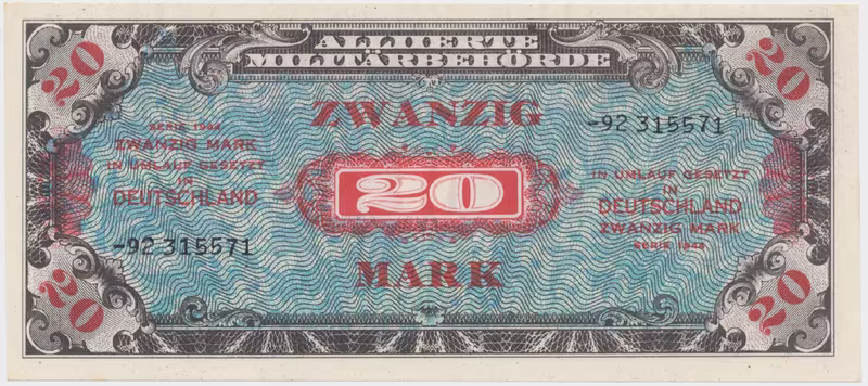 Okupační poukázky Allierte, 20 Mark 1944, tisk SSSR, 8-místný číslovač, Hej.AM5d