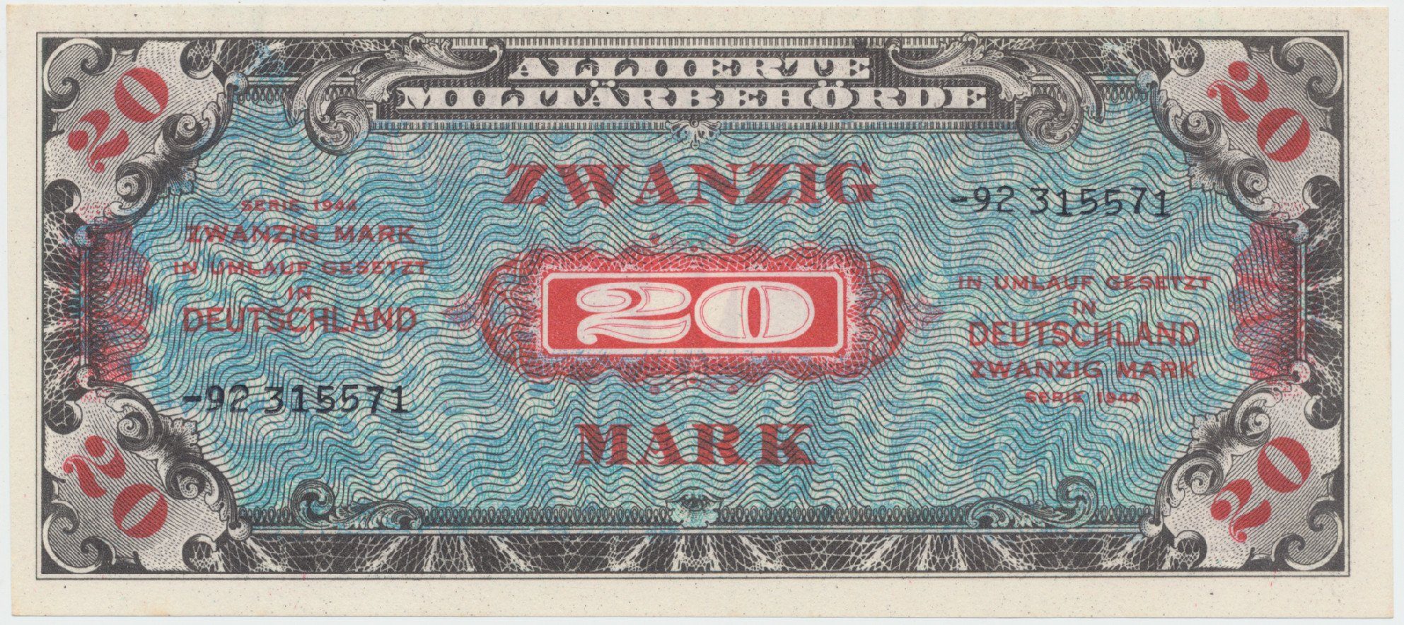 Okupační poukázky Allierte, 20 Mark 1944, tisk SSSR, 8-místný číslovač, Hej.AM5d
