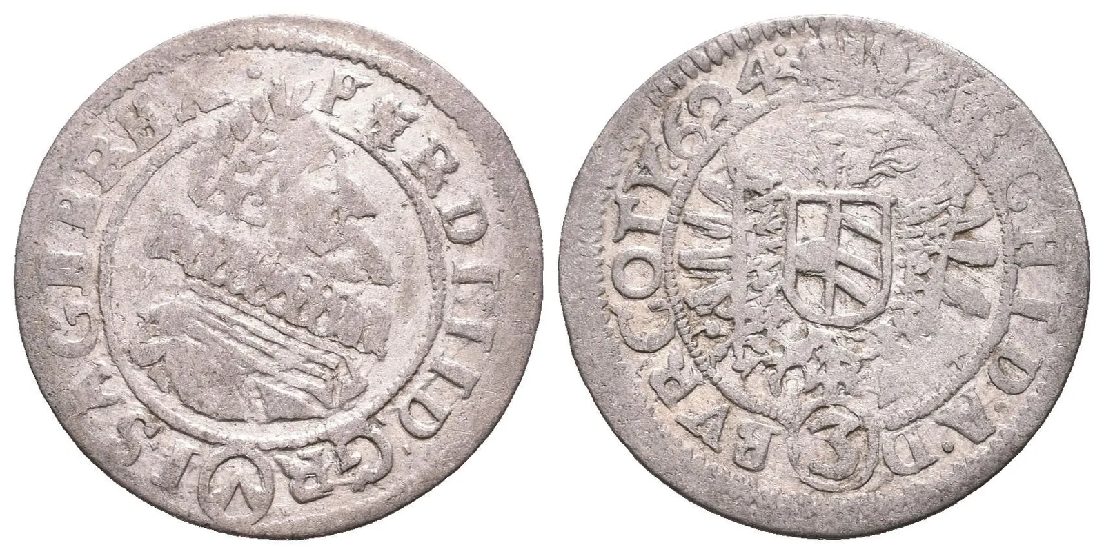 3 Krejcar 1624, Vídeň-Fellner, zkomolený opis na Av.: FNRDI...EBRHX, — 1