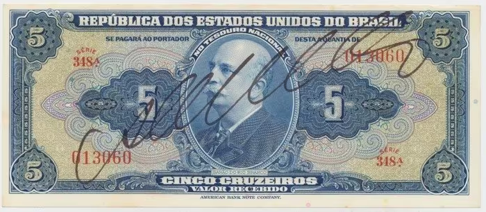 Brazílie, 5 Cruzeiros (1943), s ručním podpisem, P.134