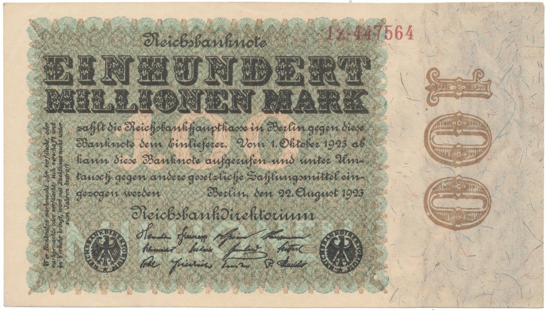 Německo, 100 Millionen Mark 1923, Eichenlaub, Ro.106c