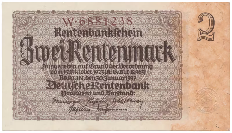 Německo, 2 Rentenmark 1937, hnědý říšský 7-místný číslovač, Hej.D12a