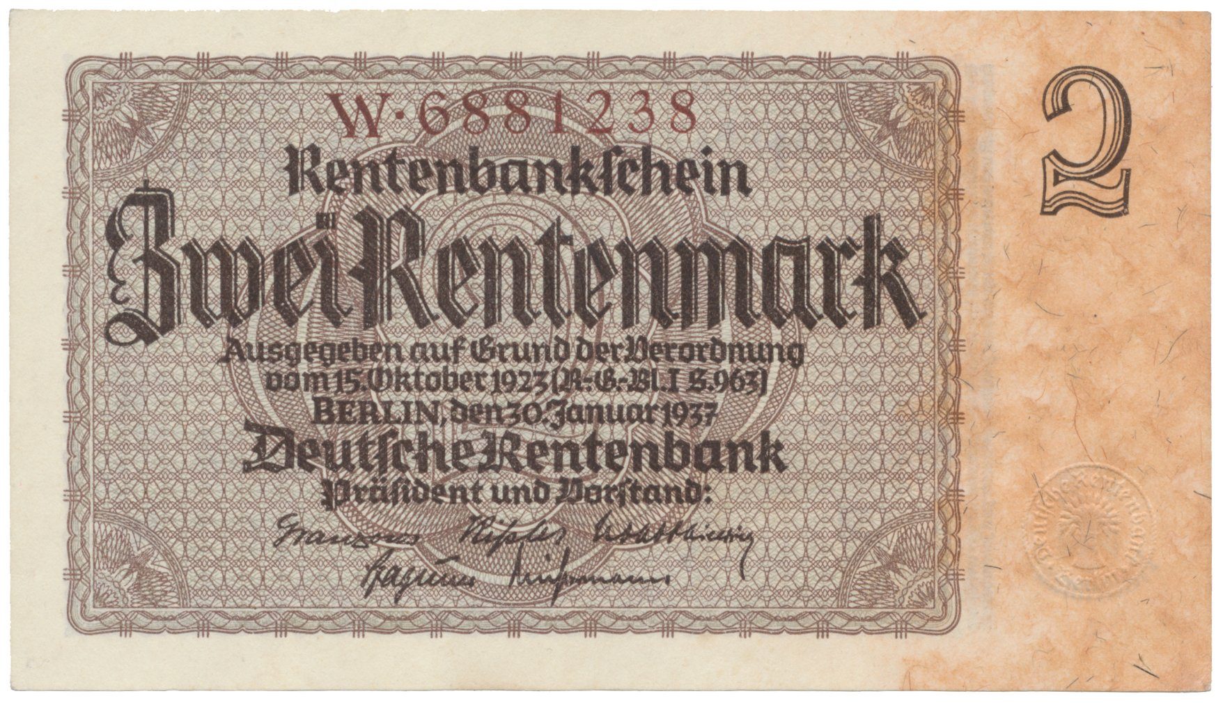 Německo, 2 Rentenmark 1937, hnědý říšský 7-místný číslovač, Hej.D12a