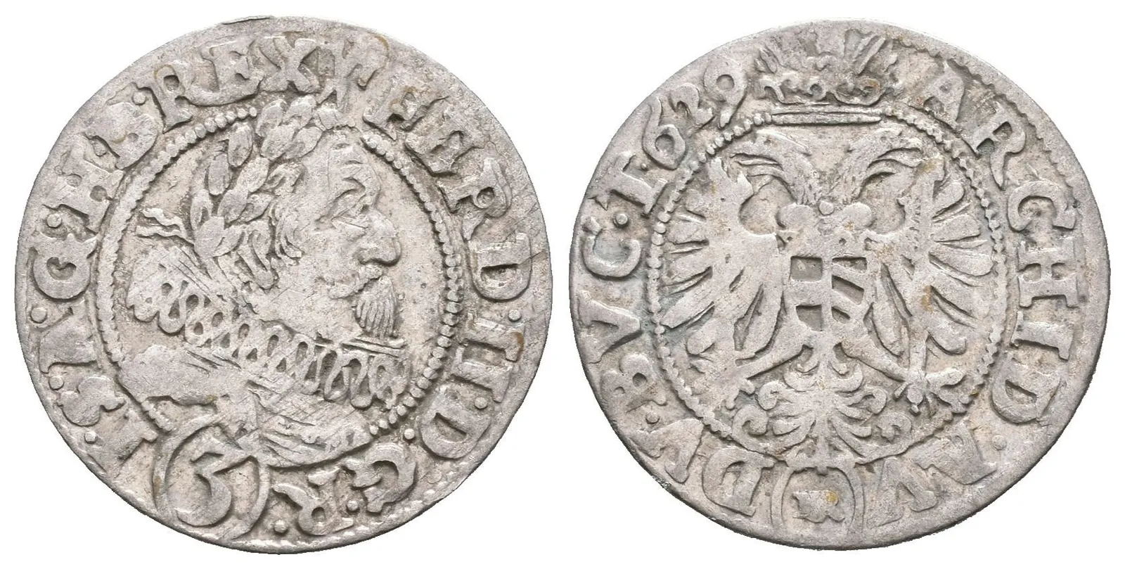 3 Krejcar 1629 HR, Vratislav-Riedel+Ziesler, Hal.1018, patina — 1