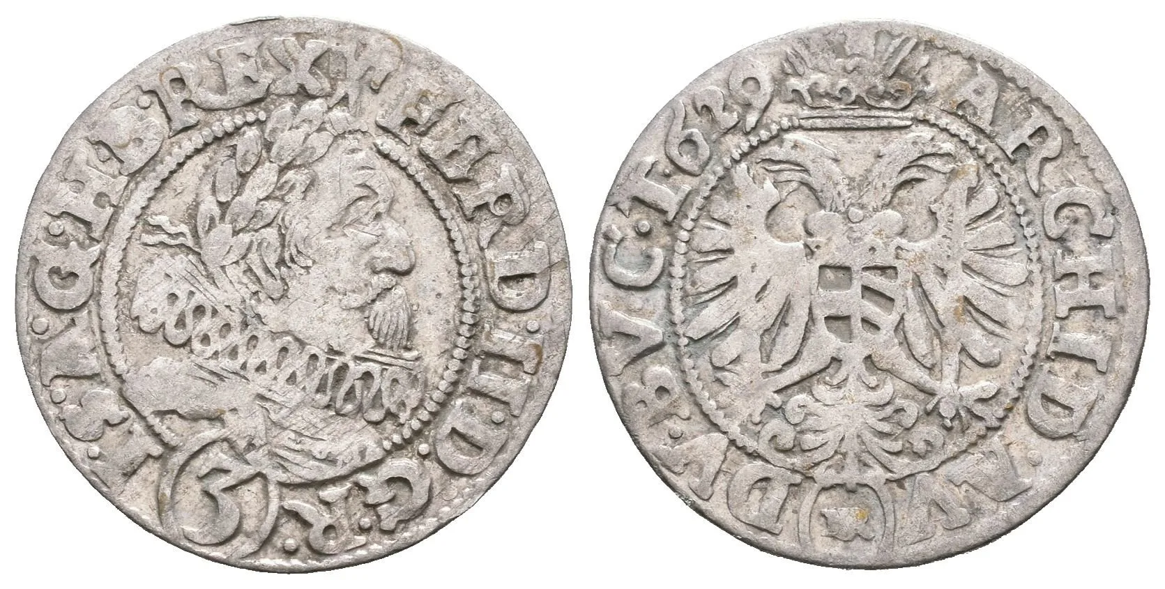 3 Krejcar 1629 HR, Vratislav-Riedel+Ziesler, Hal.1018, patina — 1