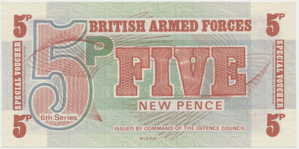 Velká Británie, 5 New Pence (1972), BAF - vojenské vydání, tisk TDLR, P.M44a