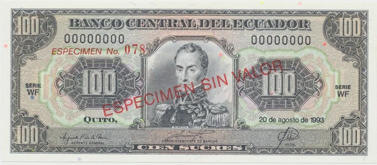 Ekvádor, 100 Sucres 1993, anulát - ESPECIMEN, P.123As2