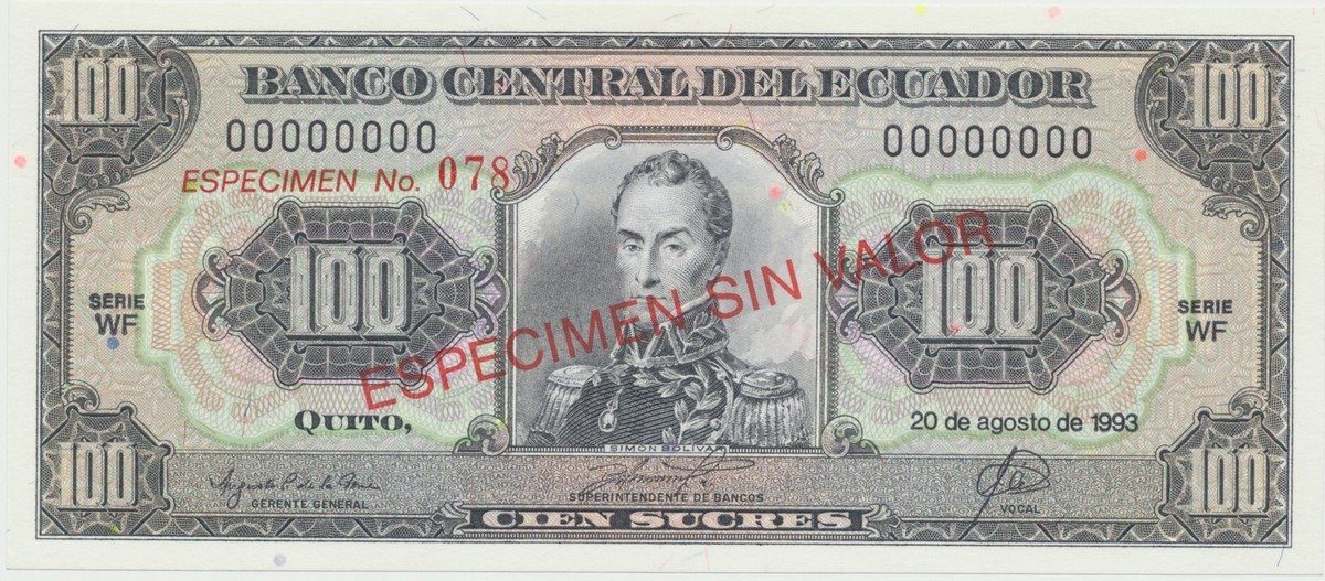 Ekvádor, 100 Sucres 1993, anulát - ESPECIMEN, P.123As2