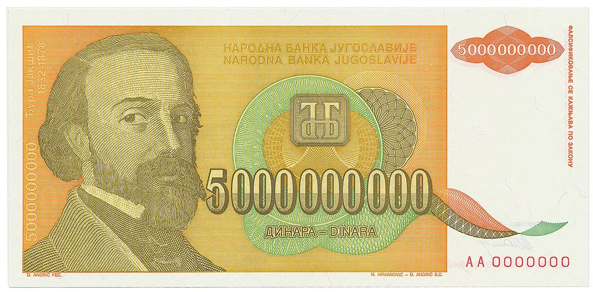 Jugoslávie, 5.000.000.000 Dinara 1993, anulát AA 0000000, P.135
