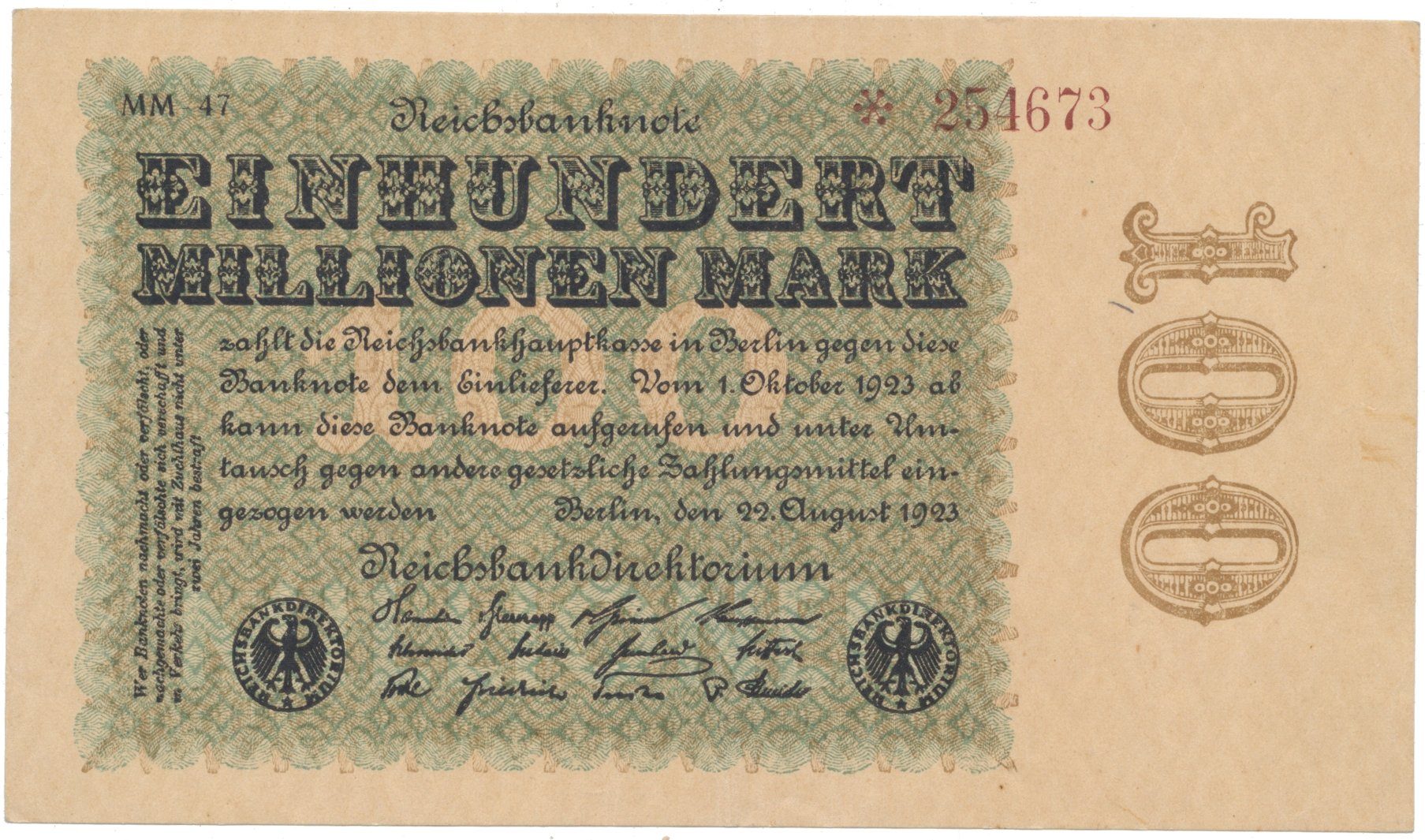 Německo, 100 Millionen Mark 1923, Rauten, Ro.106v
