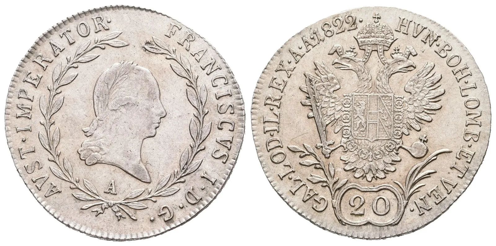 20 Krejcar 1822 A, velmi pěkná zachovalost, patina, zbytky lesku, drobné rysky — 1