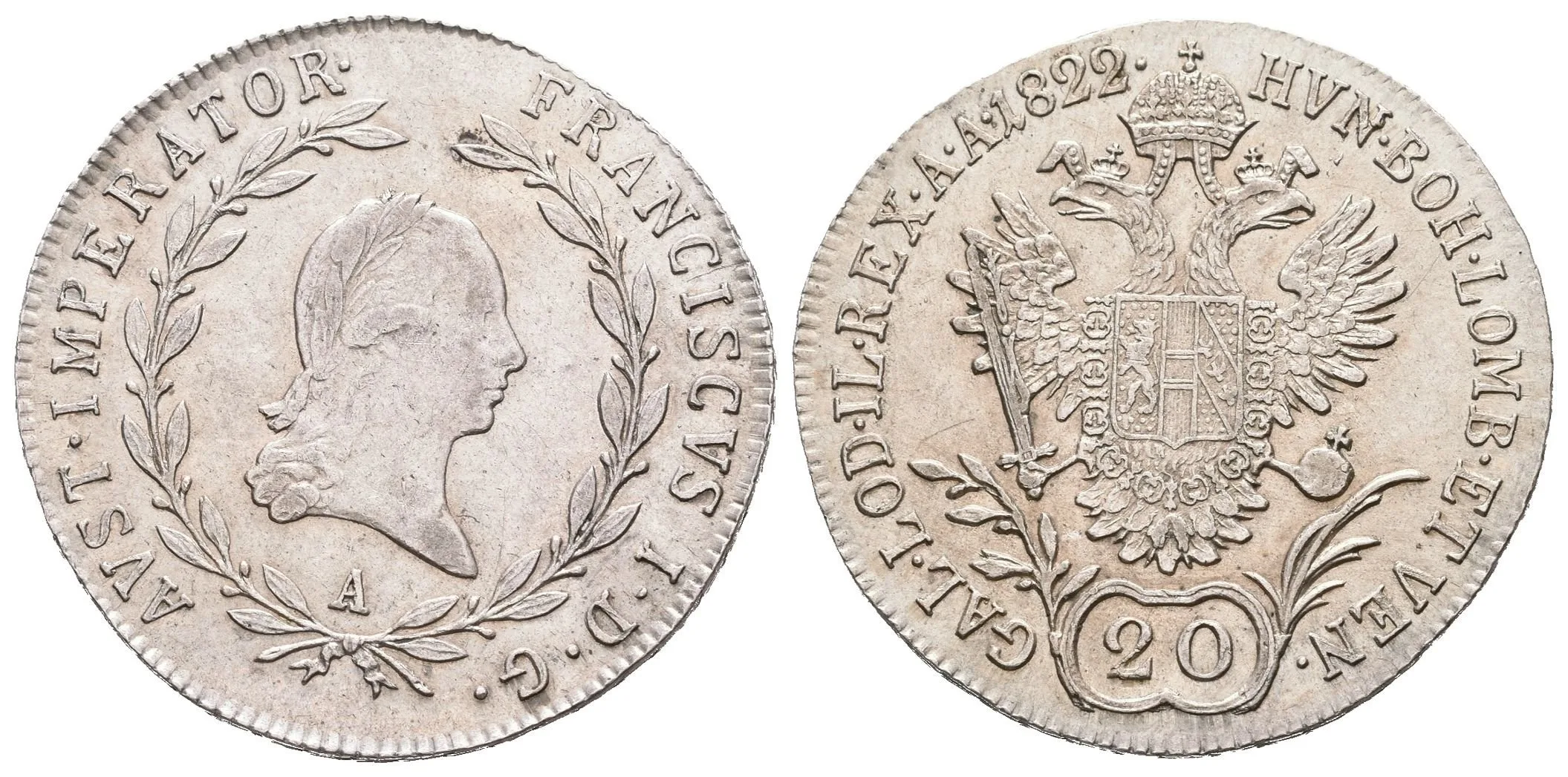 20 Krejcar 1822 A, velmi pěkná zachovalost, patina, zbytky lesku, drobné rysky — 1