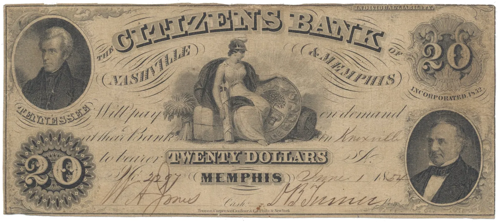 USA - Tennessee, 20 Dollar 1854