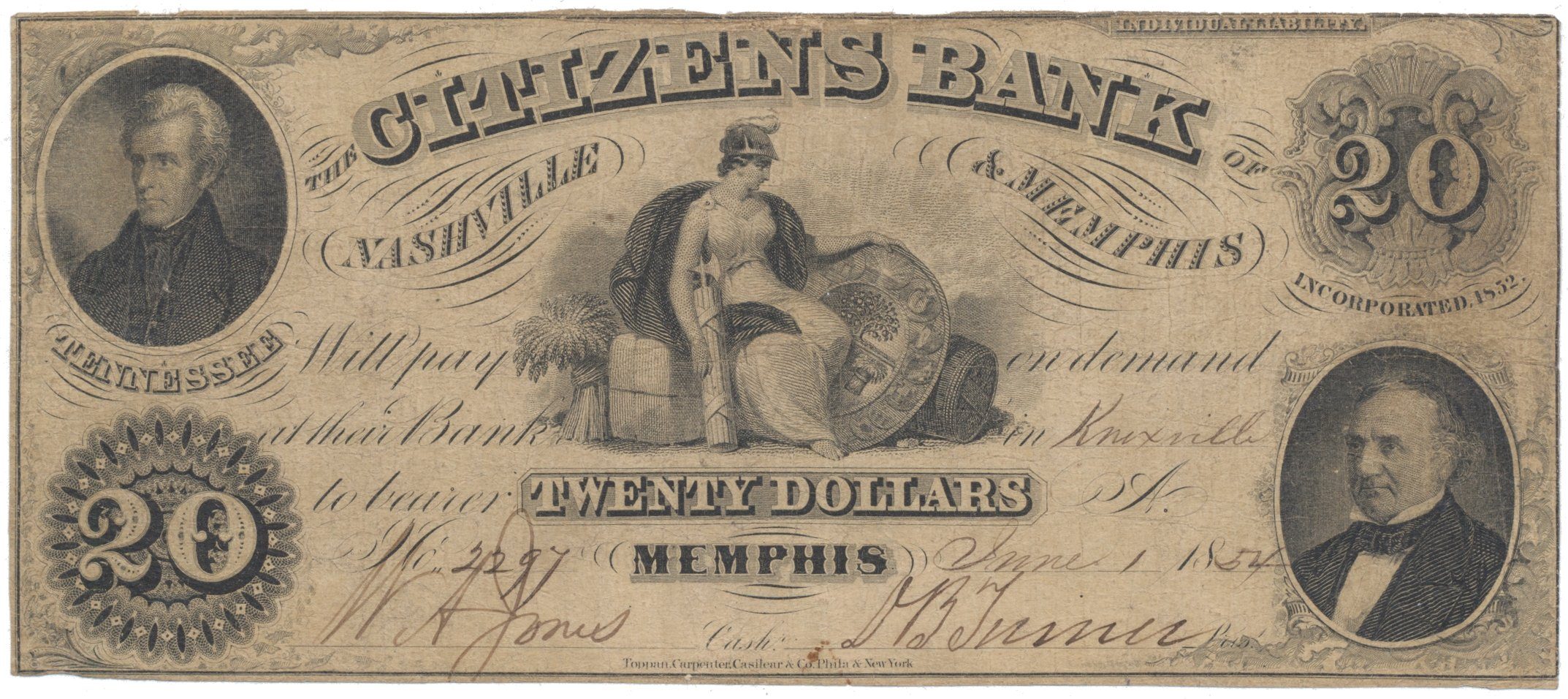 USA - Tennessee, 20 Dollar 1854