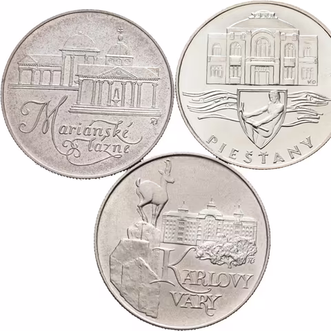 50 Kčs 1991 - Karlovy Vary, Mariánské Lázně, Piešťany, lesk, patina_3 ks