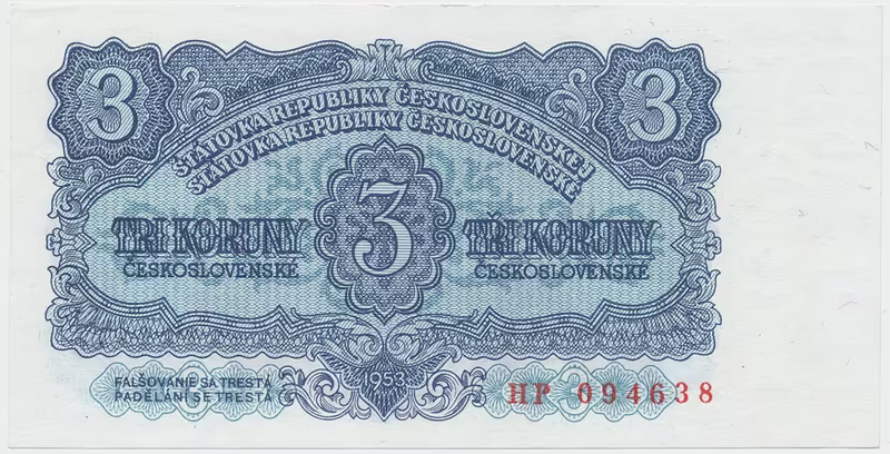 Československo, 3 Koruna 1953, tisk Praha, série HP, Hej.90b