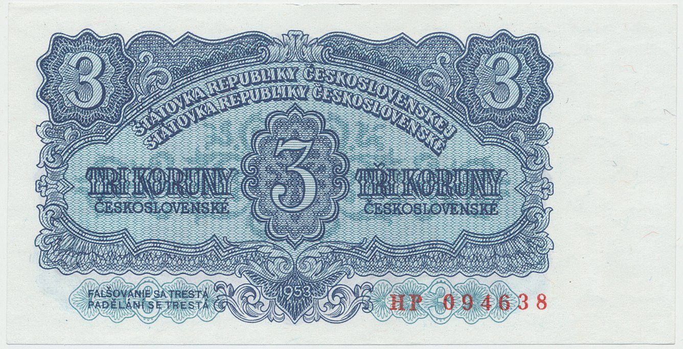Československo, 3 Koruna 1953, tisk Praha, série HP, Hej.90b