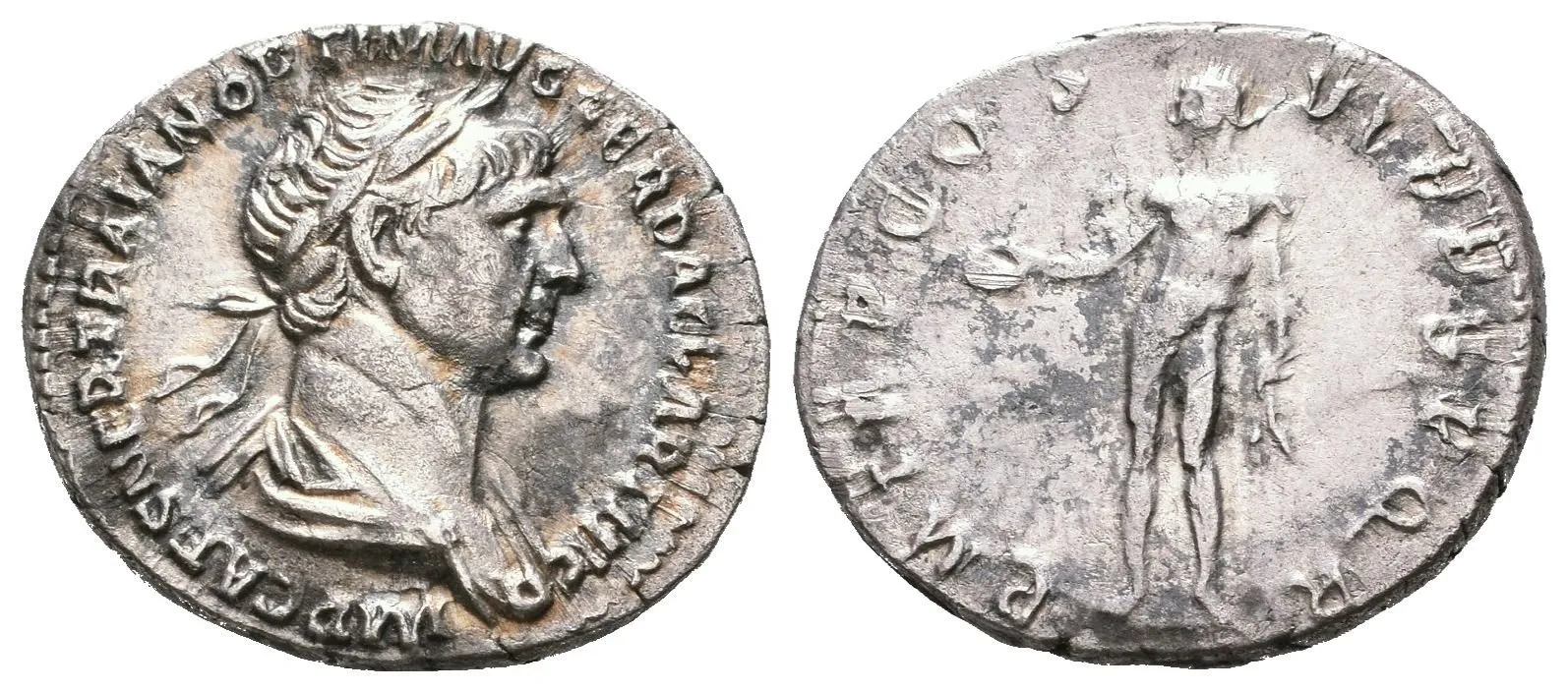 Denár, 114 - 117, Rv: PM TR P COS VI P P S P Q R, stojící Genius zleva — 1