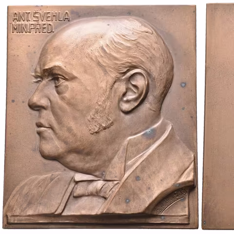 AE Plaketa 1933 - Antonín Švehla, ministerský předseda, Br 63x54 mm, patina