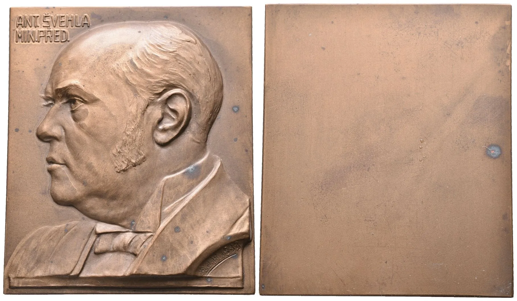 AE Plaketa 1933 - Antonín Švehla, ministerský předseda, Br 63x54 mm, patina — 1