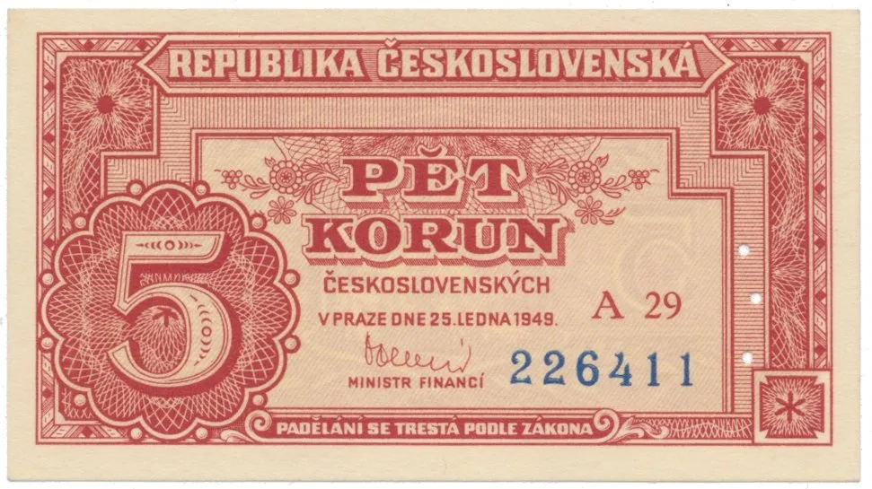 5 Koruna 1949, perforace 3 m.d. v obloučku, Hej.83a2S2
