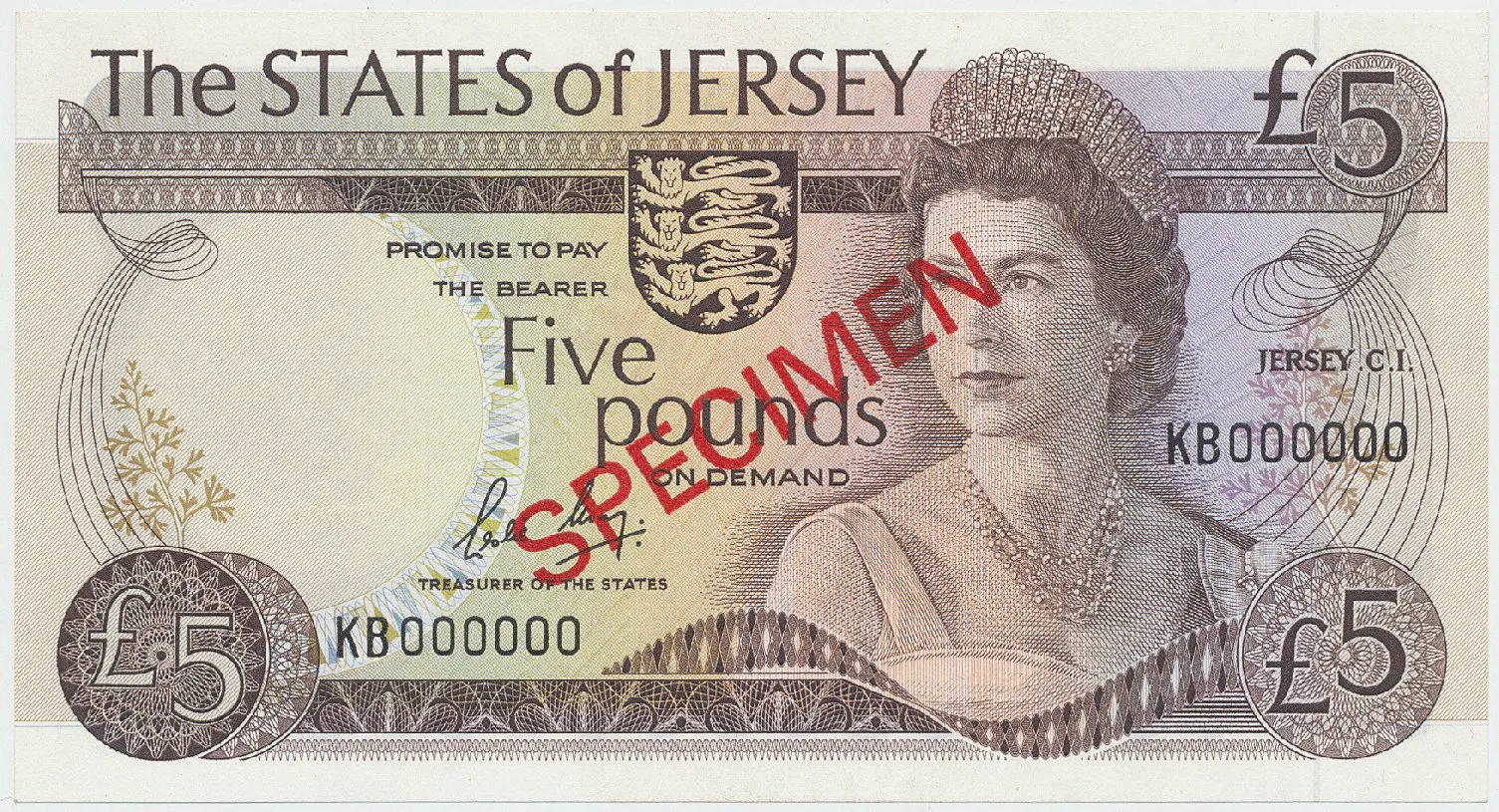 Jersey, 5 Pounds (1976-1988), bankovní vzor, přetisk SPECIMEN, P.12bs