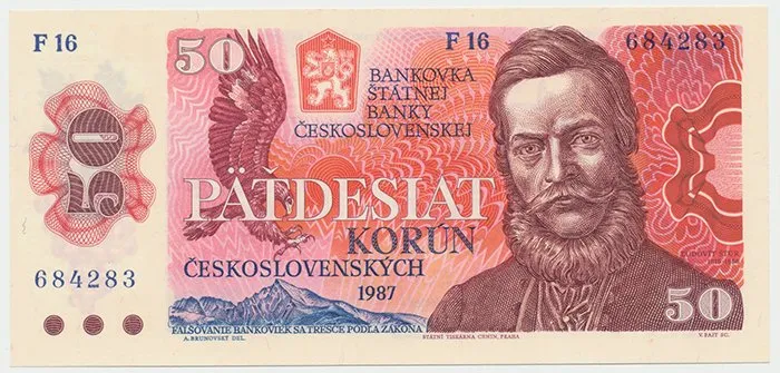 Československo, 50 Koruna 1987, série F, úzké sériové číslo, Hej.108a