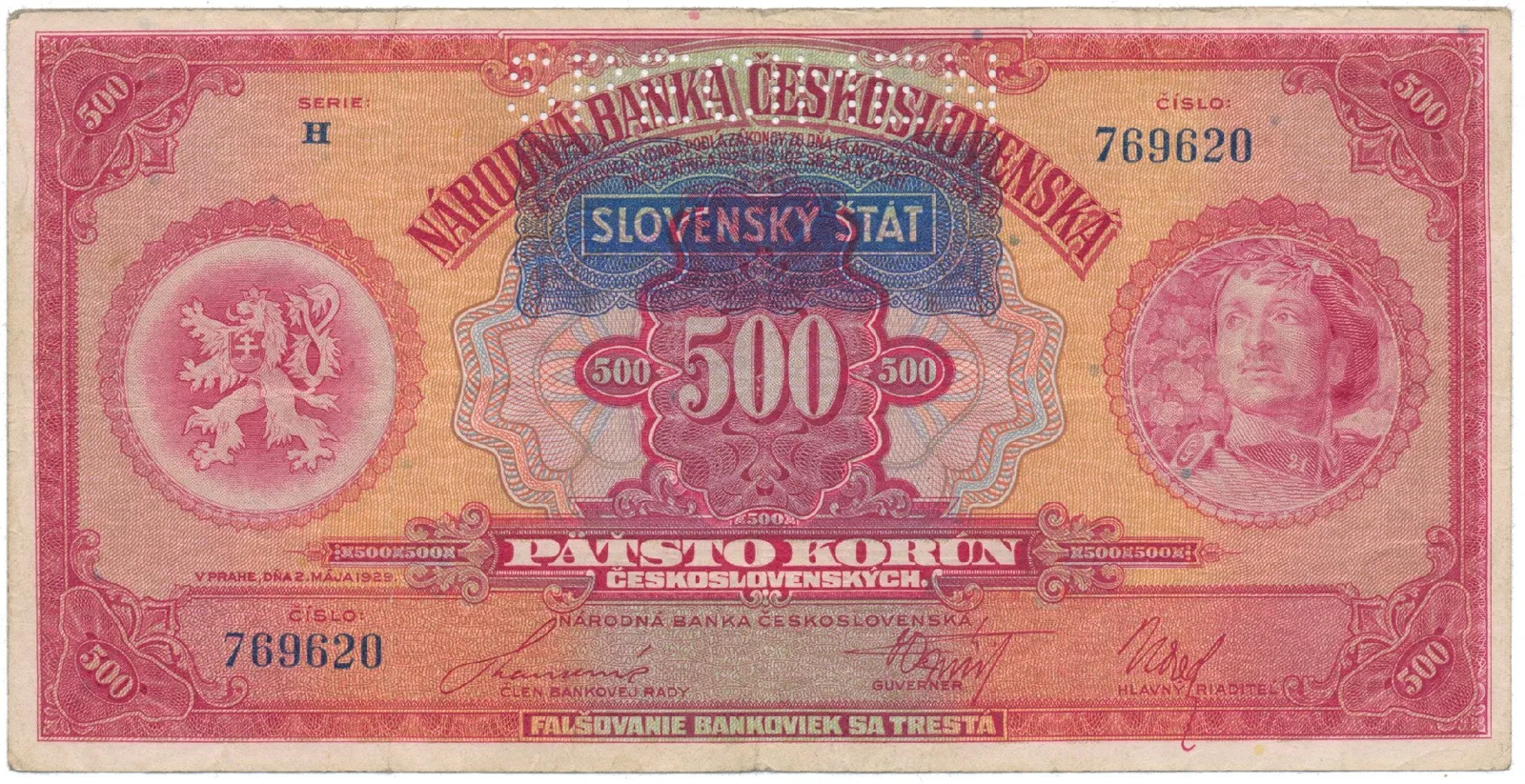 500 Koruna 1929/1939 + přetisk, série H, SPECIMEN, Hej.44a.S1