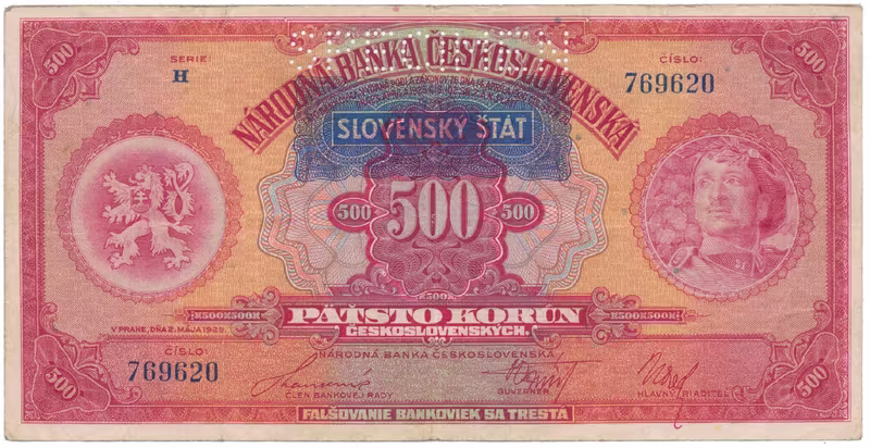 500 Koruna 1929/1939 + přetisk, série H, SPECIMEN, Hej.44a.S1